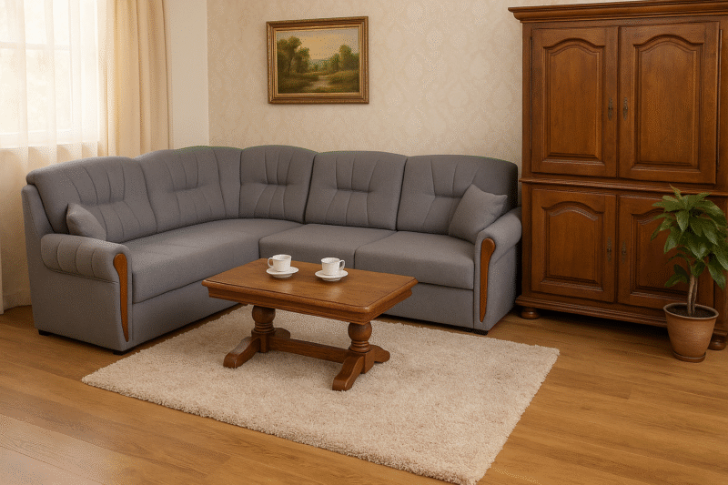 Ugaona garnitura RING MINI sa funkcijom razvlačenja i kutijom za posteljinu, elegantan klasični dizajn