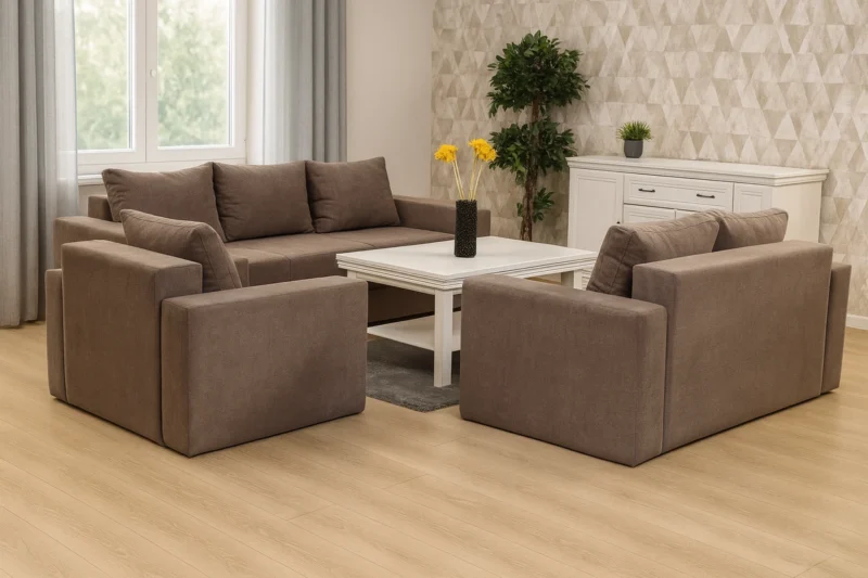 TDF NINA garnitura – minimalistički trosjed, dvosjed i fotelja, udobnog dizajna i toplih nijansi.