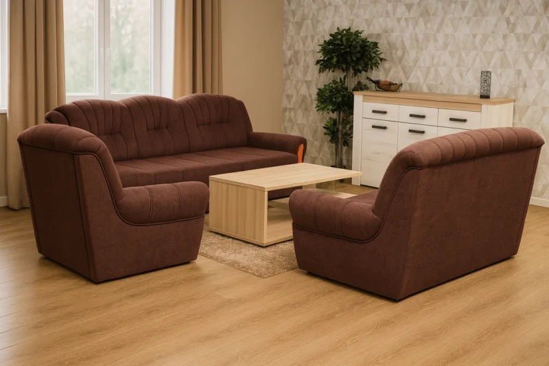 TDF RING garnitura – trosjed, dvosjed i fotelja sa funkcijom razvlačenja, prostorom za odlaganje i mekanim sjedištima.